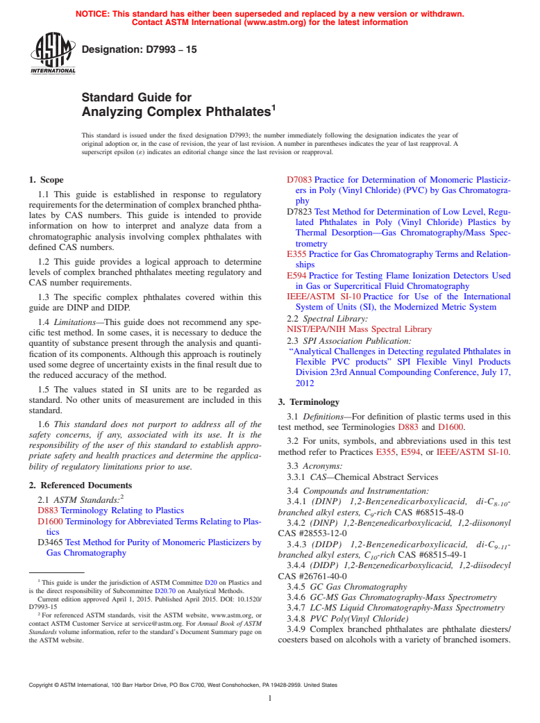 ASTM D7993-15 - Standard Guide for Analyzing Complex Phthalates