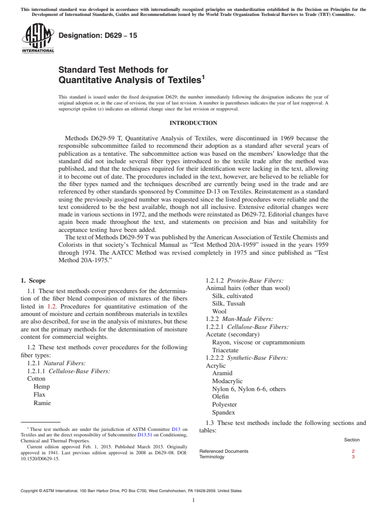 ASTM D629-15 - Standard Test Methods for  Quantitative Analysis of Textiles
