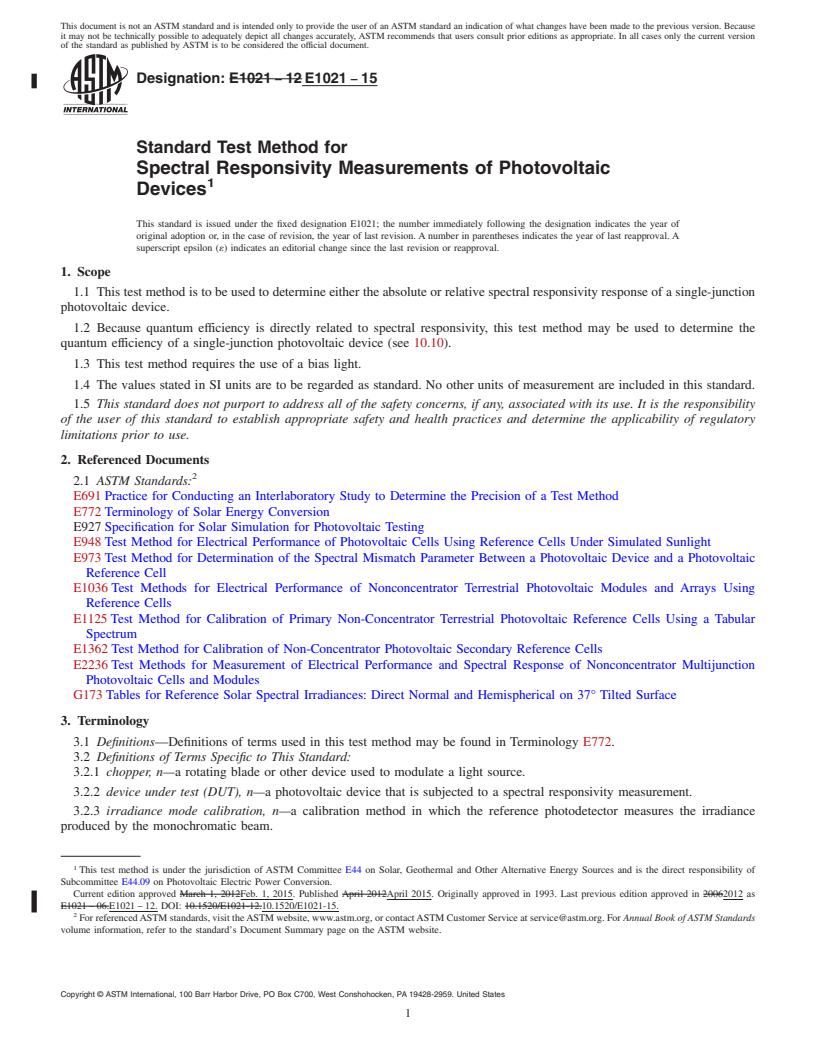 REDLINE ASTM E1021-15 - Standard Test Method for  Spectral Responsivity Measurements of Photovoltaic Devices