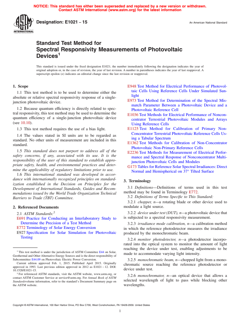 ASTM E1021-15 - Standard Test Method for  Spectral Responsivity Measurements of Photovoltaic Devices