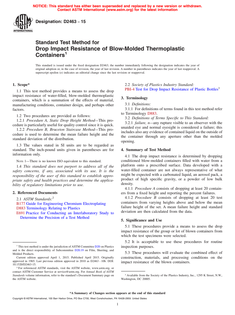 ASTM D2463-15 - Standard Test Method for Drop Impact Resistance of Blow-Molded Thermoplastic Containers