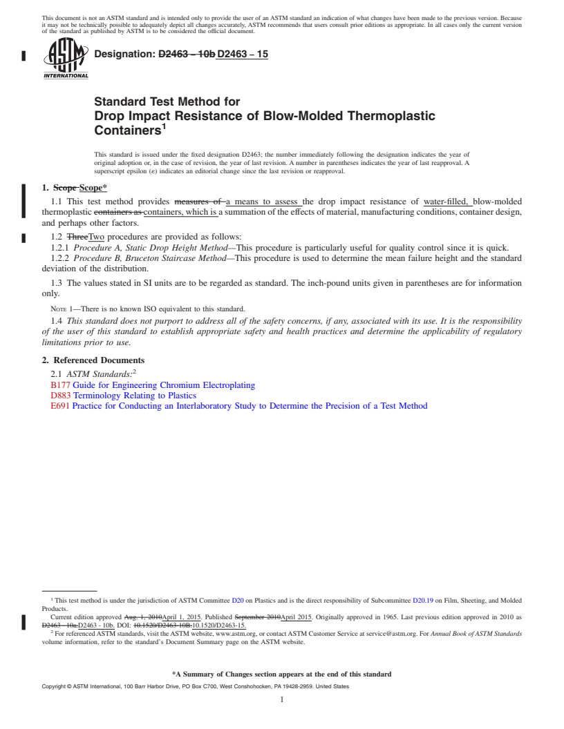 REDLINE ASTM D2463-15 - Standard Test Method for Drop Impact Resistance of Blow-Molded Thermoplastic Containers