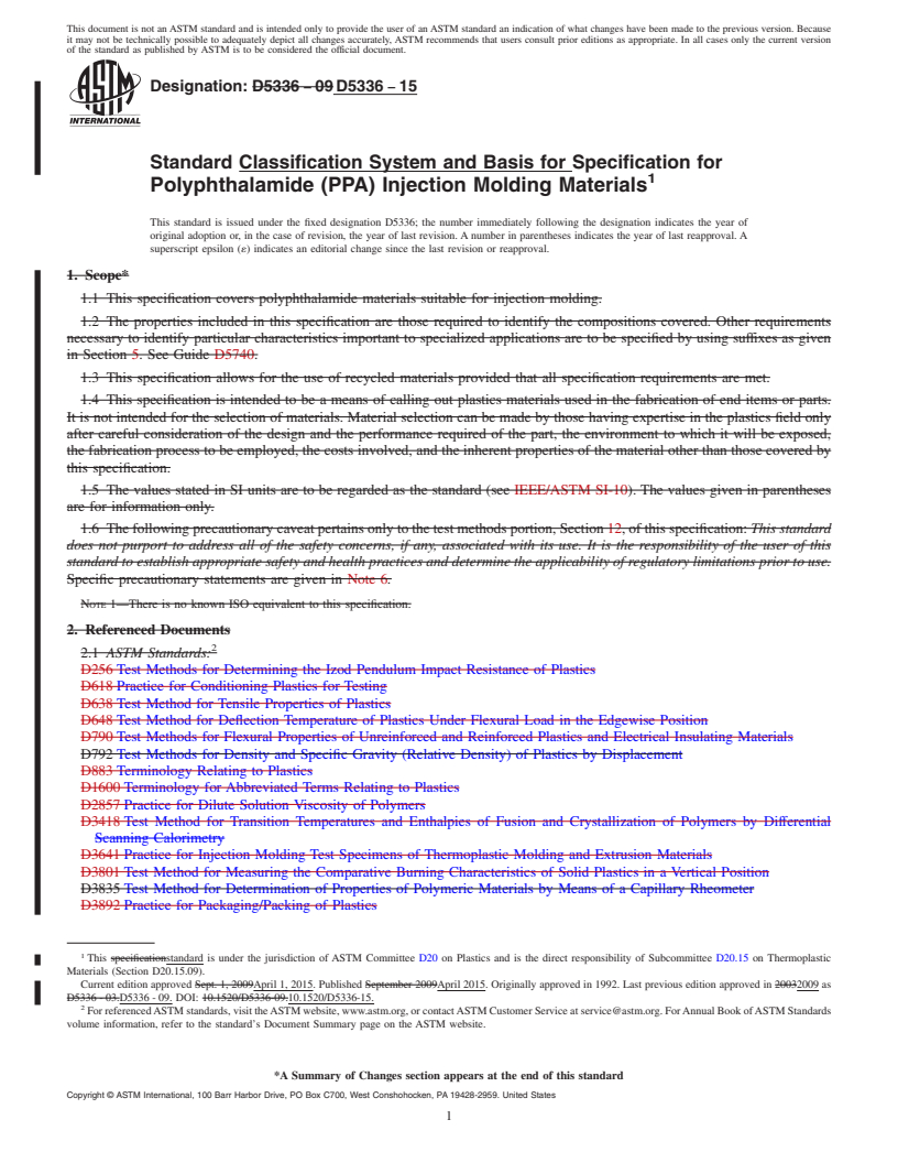 REDLINE ASTM D5336-15 - Standard Classification System and Basis for Specification for Polyphthalamide (PPA) Injection Molding Materials