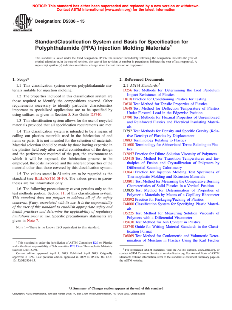 ASTM D5336-15 - Standard Classification System and Basis for Specification for Polyphthalamide (PPA) Injection Molding Materials