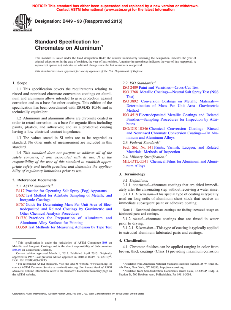 ASTM B449-93(2015) - Standard Specification for  Chromates on Aluminum