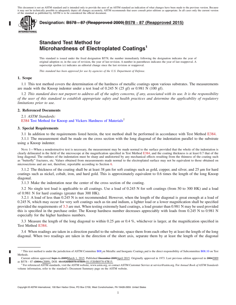 REDLINE ASTM B578-87(2015) - Standard Test Method for  Microhardness of Electroplated Coatings