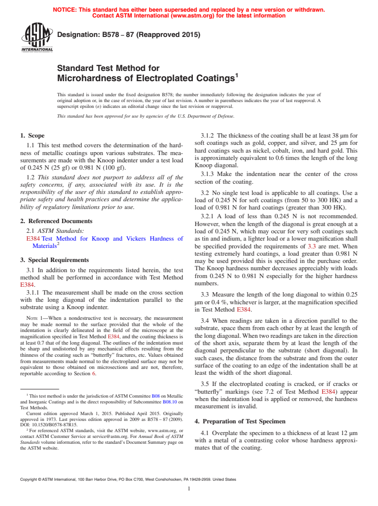 ASTM B578-87(2015) - Standard Test Method for  Microhardness of Electroplated Coatings