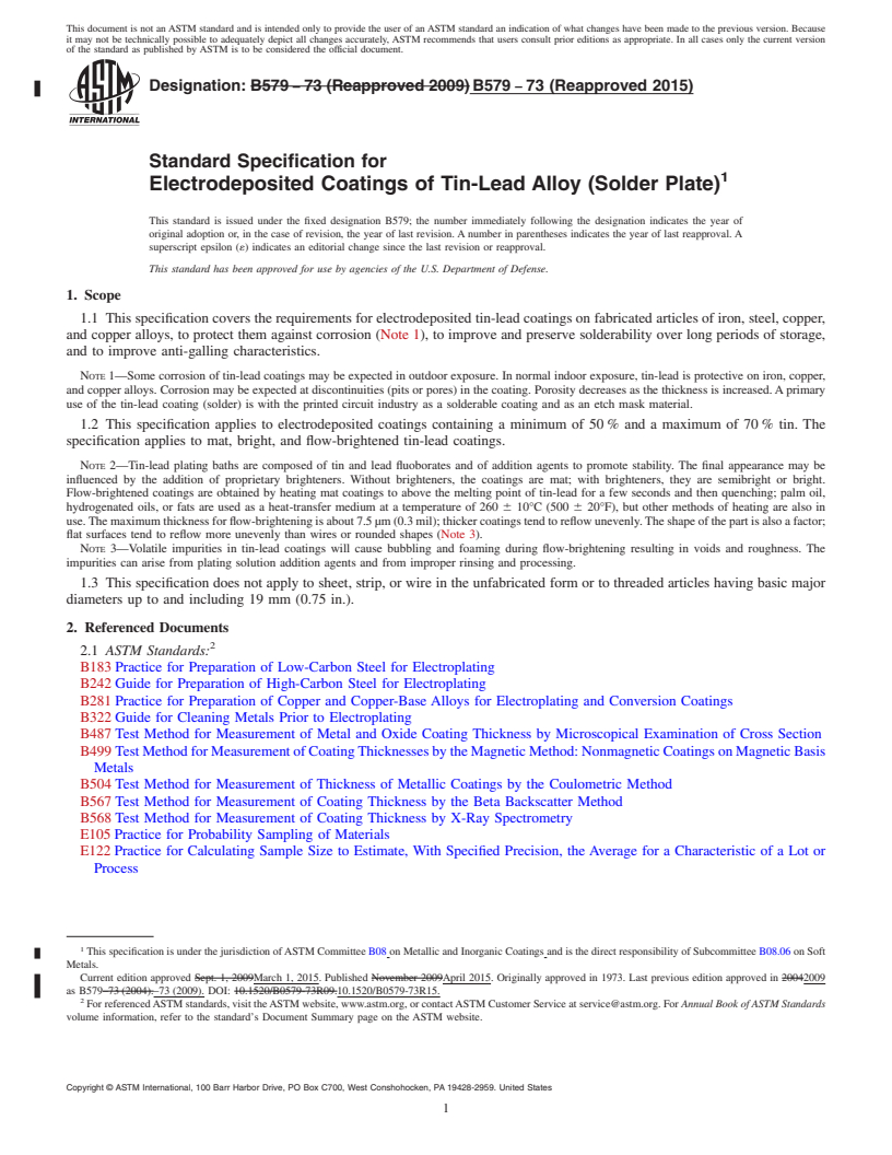 REDLINE ASTM B579-73(2015) - Standard Specification for  Electrodeposited Coatings of Tin-Lead Alloy (Solder Plate)