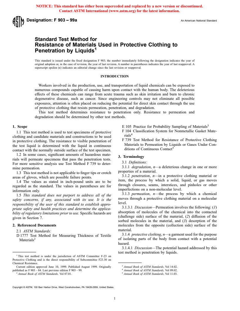 ASTM F903-99a - Standard Test Method for Resistance of Materials Used in Protective Clothing to Penetration by Liquids