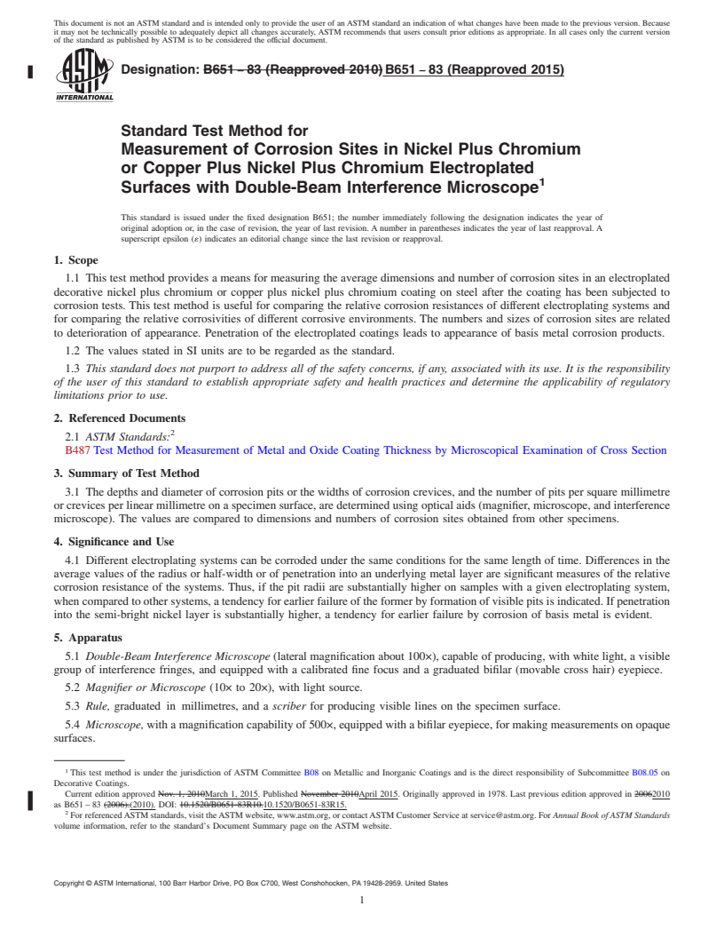 REDLINE ASTM B651-83(2015) - Standard Test Method for  Measurement of Corrosion Sites in Nickel Plus Chromium or Copper   Plus Nickel Plus Chromium Electroplated Surfaces with Double-Beam   Interference  Microscope