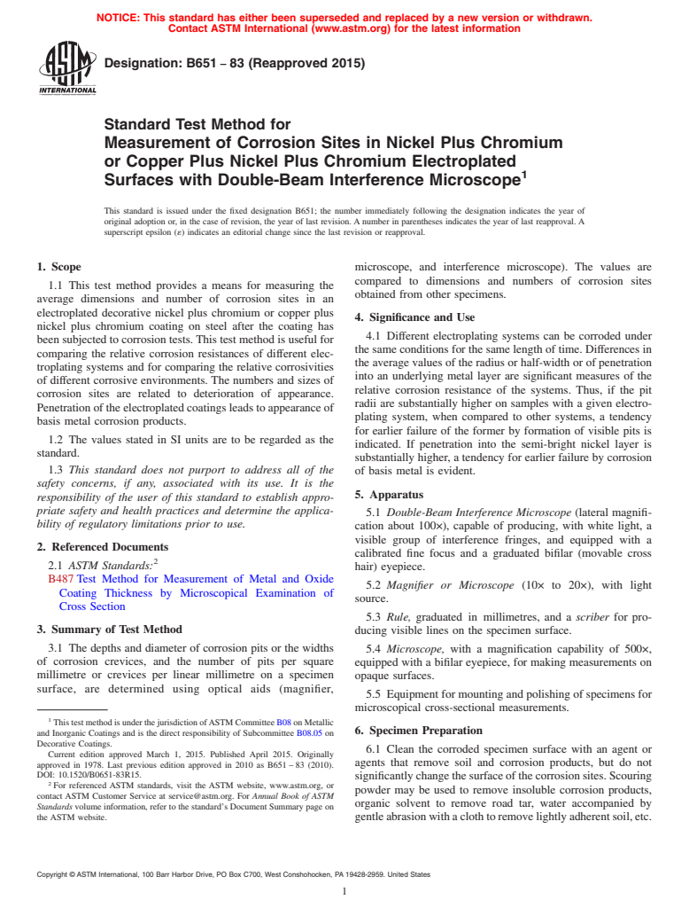 ASTM B651-83(2015) - Standard Test Method for  Measurement of Corrosion Sites in Nickel Plus Chromium or Copper   Plus Nickel Plus Chromium Electroplated Surfaces with Double-Beam   Interference  Microscope