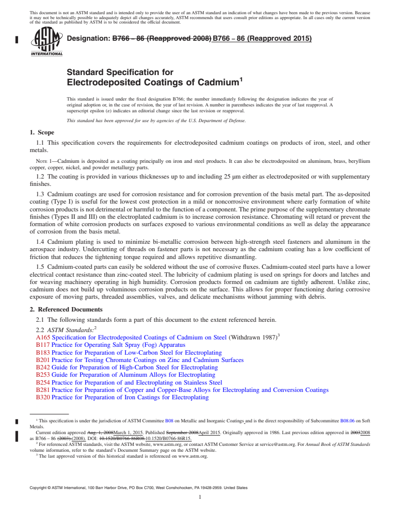 REDLINE ASTM B766-86(2015) - Standard Specification for  Electrodeposited Coatings of Cadmium