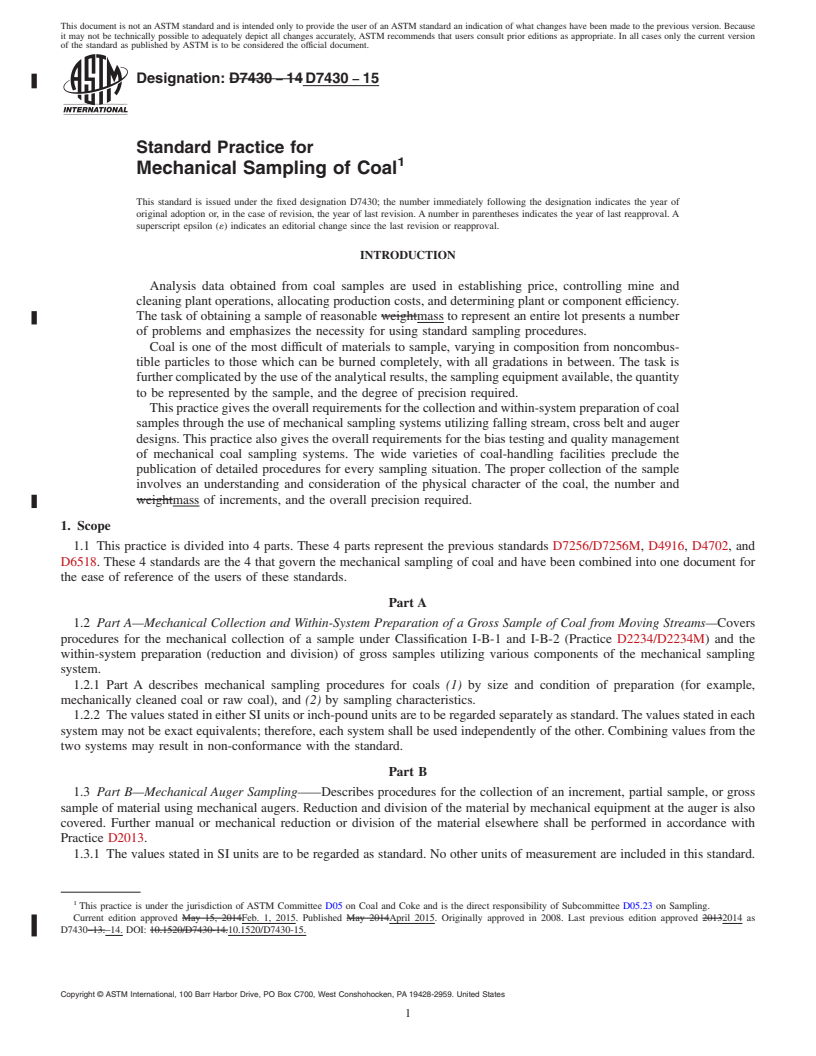 REDLINE ASTM D7430-15 - Standard Practice for  Mechanical Sampling of Coal