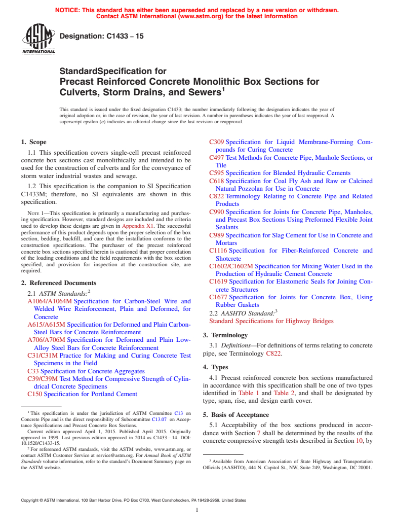 ASTM C1433-15 - Standard Specification for  Precast Reinforced Concrete Monolithic Box Sections for Culverts,  Storm Drains, and Sewers