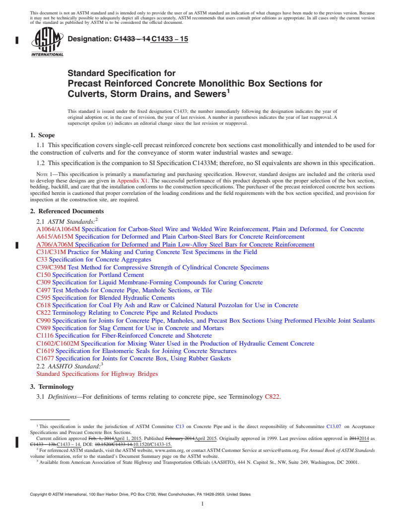 REDLINE ASTM C1433-15 - Standard Specification for  Precast Reinforced Concrete Monolithic Box Sections for Culverts,  Storm Drains, and Sewers