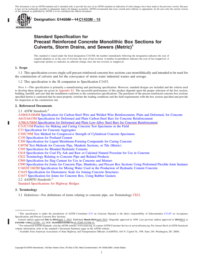 REDLINE ASTM C1433M-15 - Standard Specification for  Precast Reinforced Concrete Monolithic Box Sections for Culverts,  Storm Drains, and Sewers (Metric)