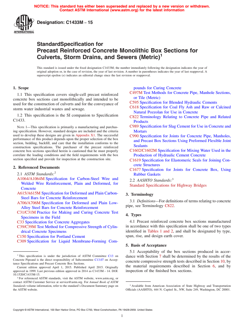 ASTM C1433M-15 - Standard Specification for  Precast Reinforced Concrete Monolithic Box Sections for Culverts,  Storm Drains, and Sewers (Metric)