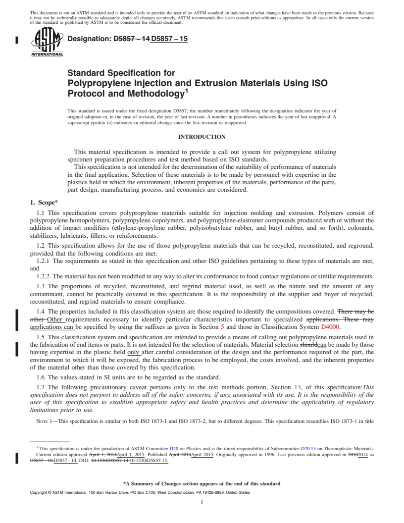 REDLINE ASTM D5857-15 - Standard Specification for  Polypropylene Injection and Extrusion Materials Using ISO Protocol  and Methodology