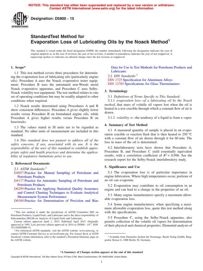 ASTM D5800-15 - Standard Test Method for  Evaporation Loss of Lubricating Oils by the Noack Method