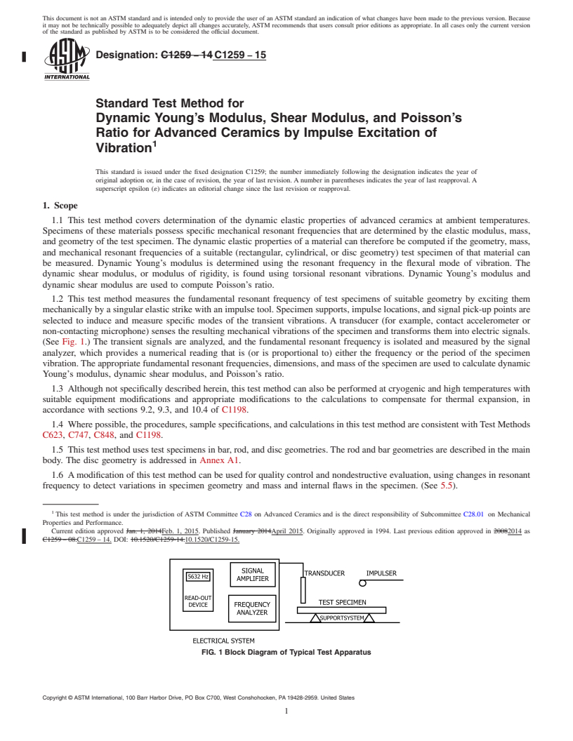 REDLINE ASTM C1259-15 - Standard Test Method for Dynamic Young&rsquo;s Modulus, Shear Modulus, and Poisson&rsquo;s  Ratio  for Advanced Ceramics by Impulse Excitation of Vibration