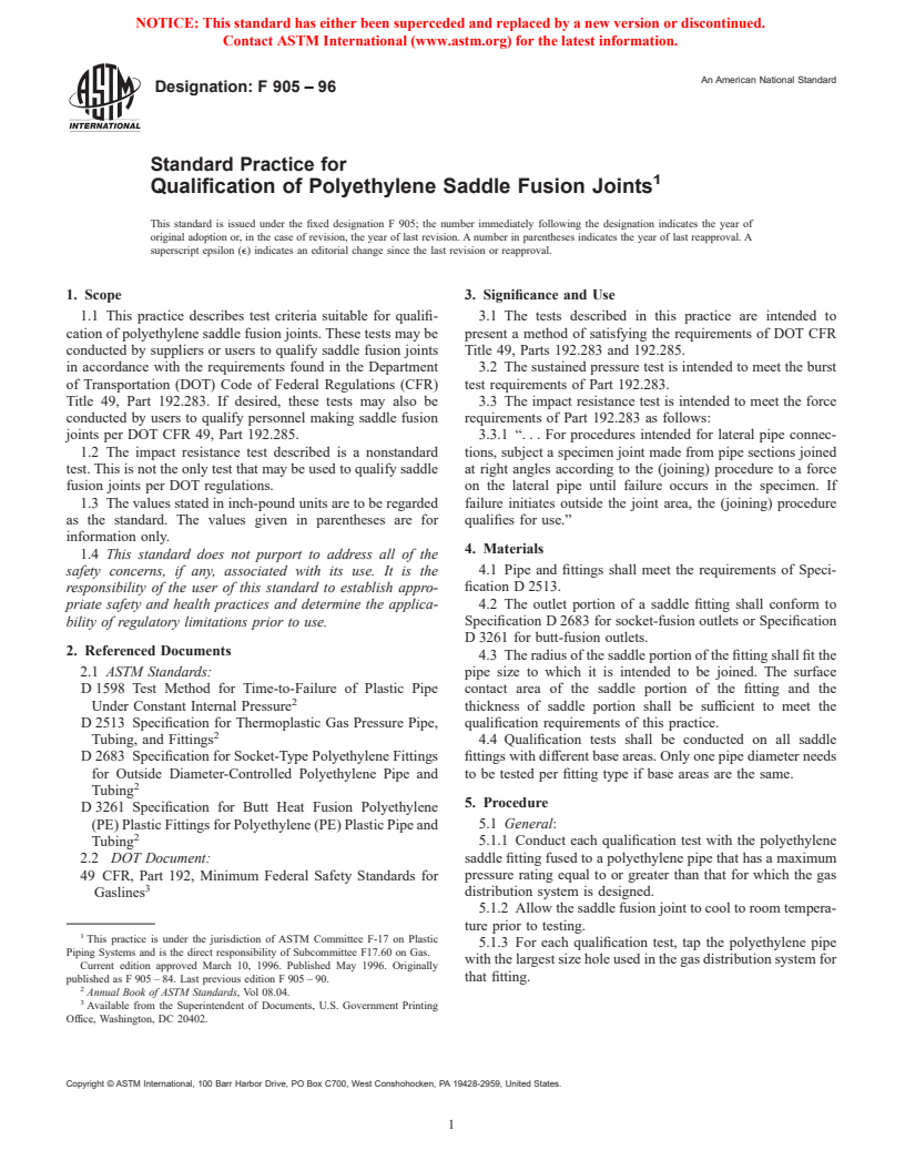 ASTM F905-96 - Standard Practice for Qualification of Polyethylene Saddle Fusion Joints