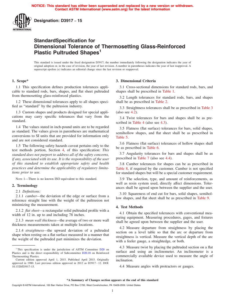 ASTM D3917-15 - Standard Specification for  Dimensional Tolerance of Thermosetting Glass-Reinforced Plastic  Pultruded Shapes