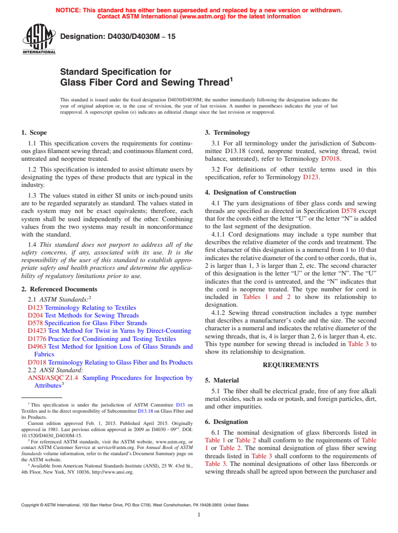 ASTM D4030/D4030M-15 - Standard Specification for  Glass Fiber Cord and Sewing Thread