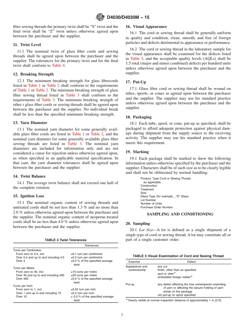 ASTM D4030/D4030M-15 - Standard Specification for  Glass Fiber Cord and Sewing Thread