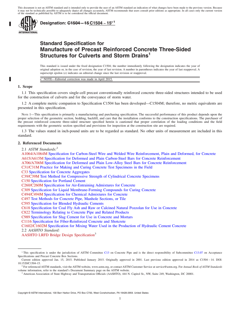 REDLINE ASTM C1504-15e1 - Standard Specification for  Manufacture of Precast Reinforced Concrete Three-Sided Structures  for Culverts and Storm Drains