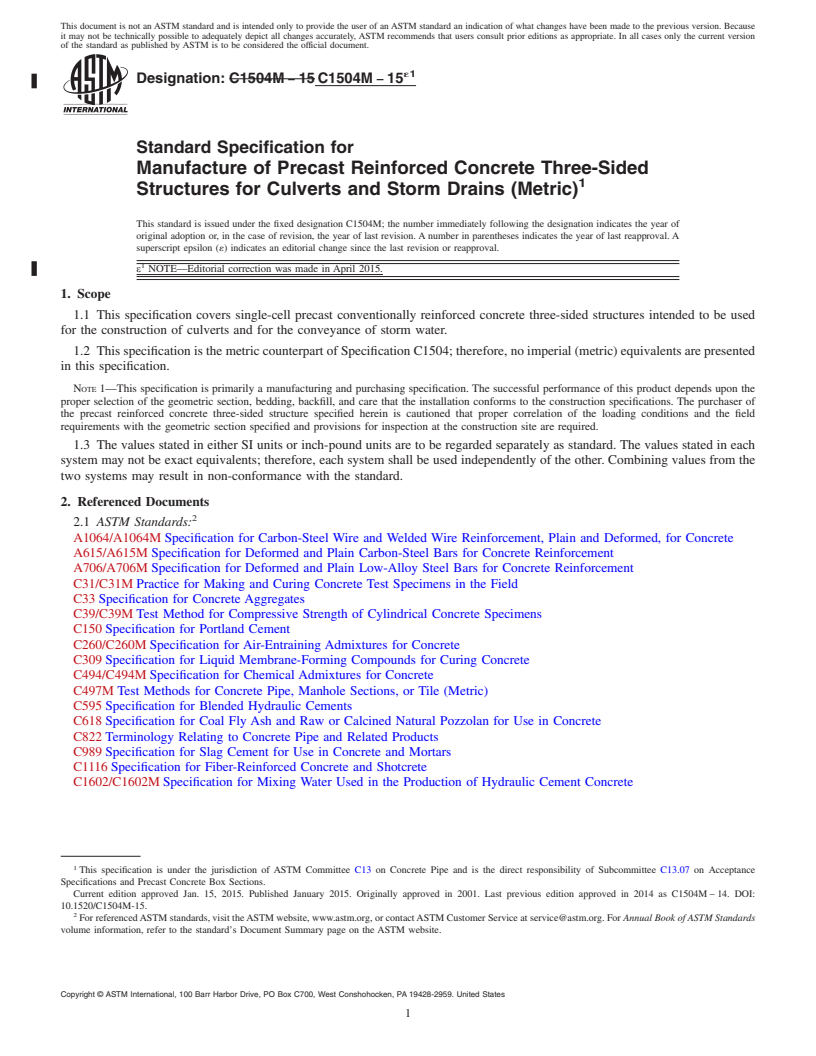 REDLINE ASTM C1504M-15e1 - Standard Specification for  Manufacture of Precast Reinforced Concrete Three-Sided Structures  for Culverts and Storm Drains (Metric)