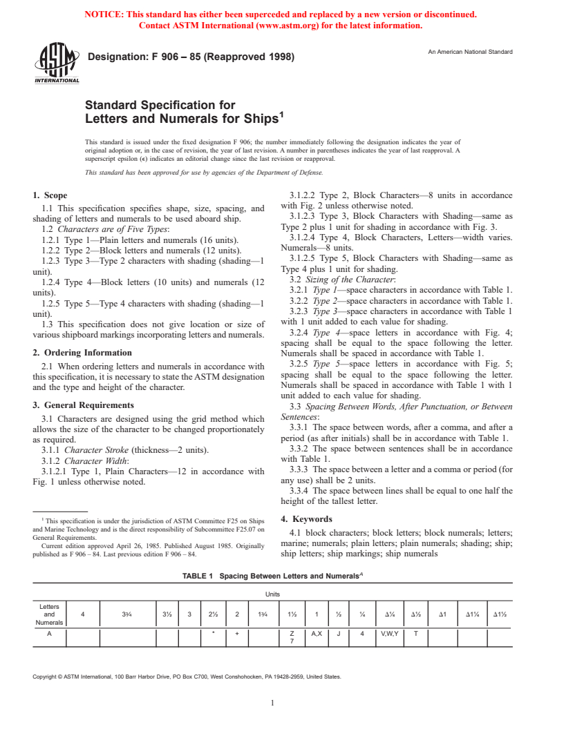 ASTM F906-85(1998) - Standard Specification for Letters and Numerals for Ships