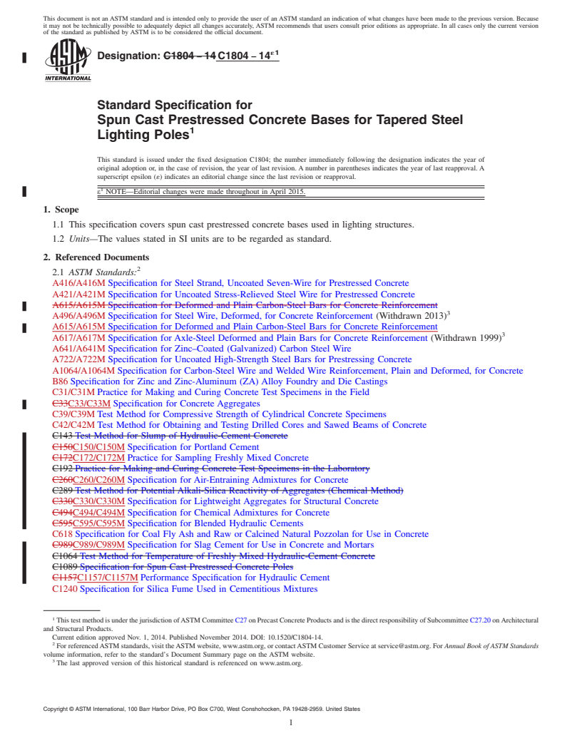 REDLINE ASTM C1804-14e1 - Standard Specification for Spun Cast Prestressed Concrete Bases for Tapered Steel Lighting  Poles