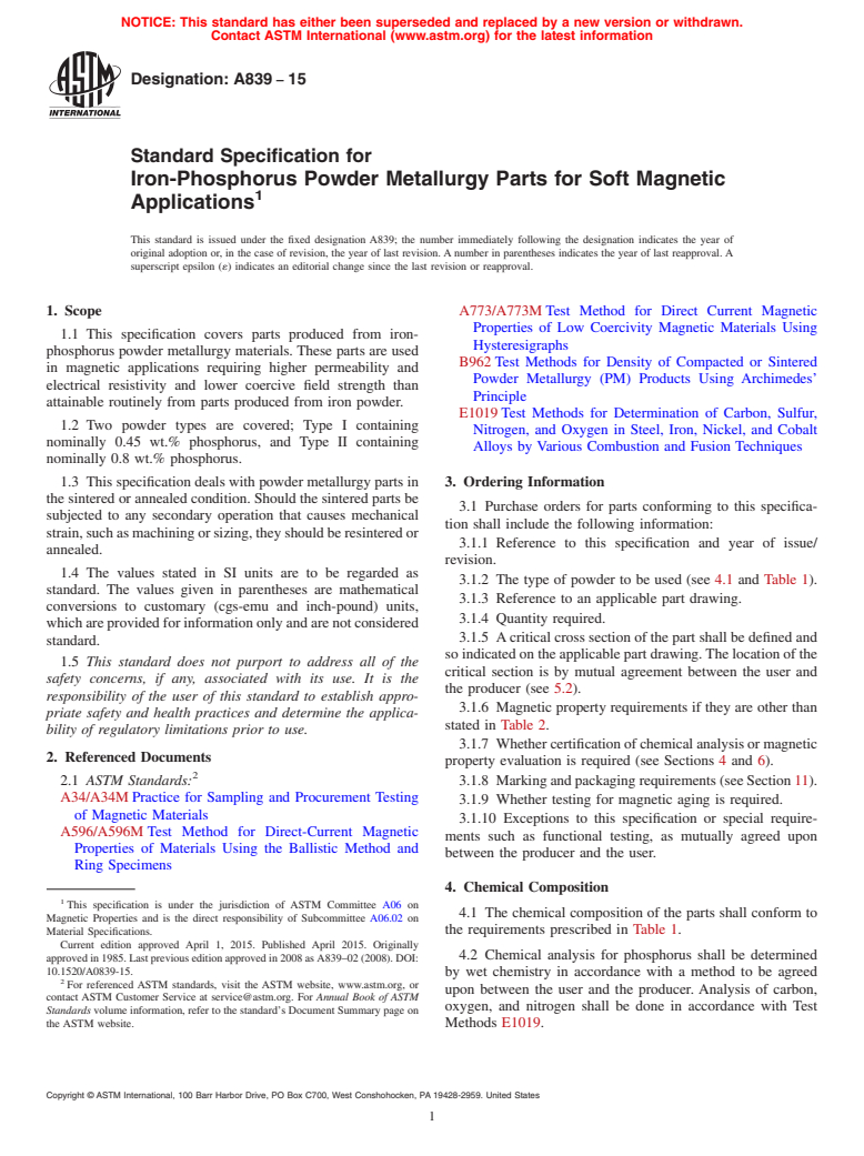 ASTM A839-15 - Standard Specification for  Iron-Phosphorus Powder Metallurgy Parts for Soft Magnetic Applications