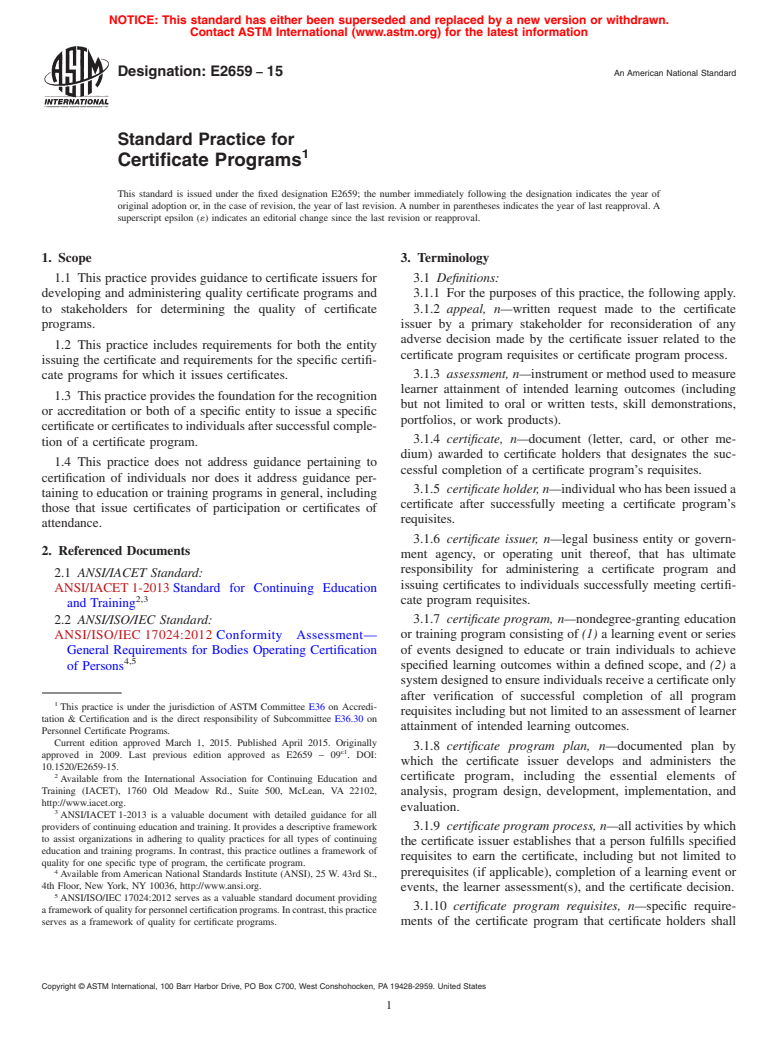 ASTM E2659-15 - Standard Practice for  Certificate Programs