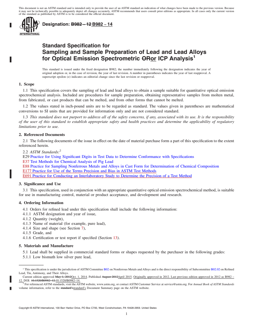 REDLINE ASTM B982-14 - Standard Specification for Sampling and Sample Preparation of Lead and Lead Alloys for  Optical Emission Spectrometric or ICP Analysis