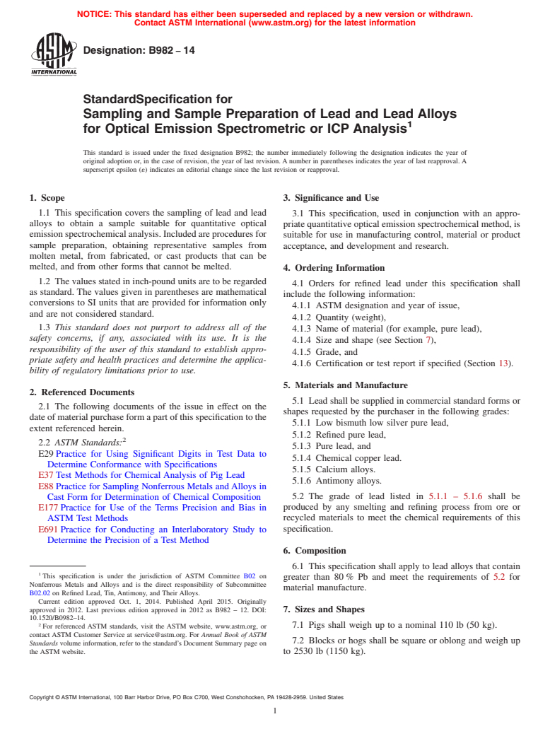 ASTM B982-14 - Standard Specification for Sampling and Sample Preparation of Lead and Lead Alloys for  Optical Emission Spectrometric or ICP Analysis