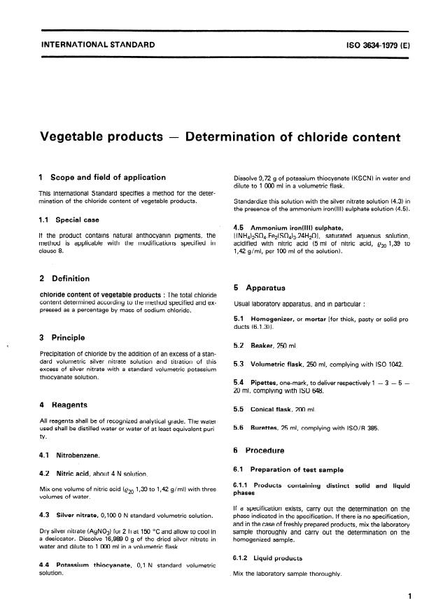 ISO 3634:1979 - Vegetable products -- Determination of chloride content