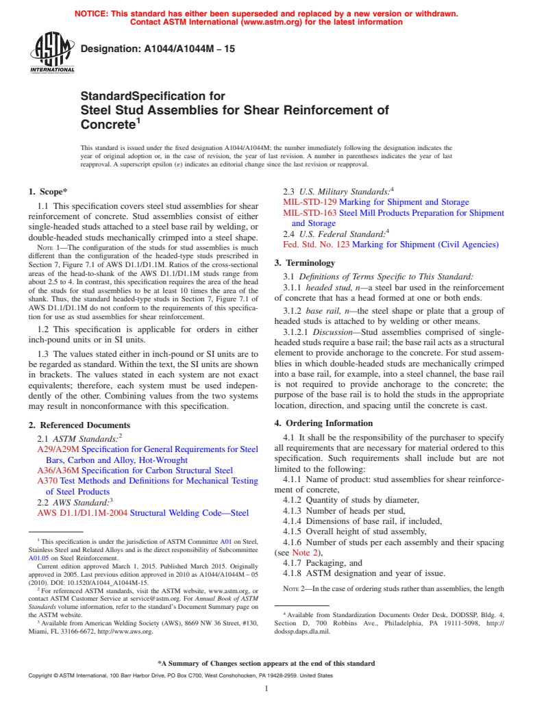 ASTM A1044/A1044M-15 - Standard Specification for  Steel Stud Assemblies for Shear Reinforcement of Concrete