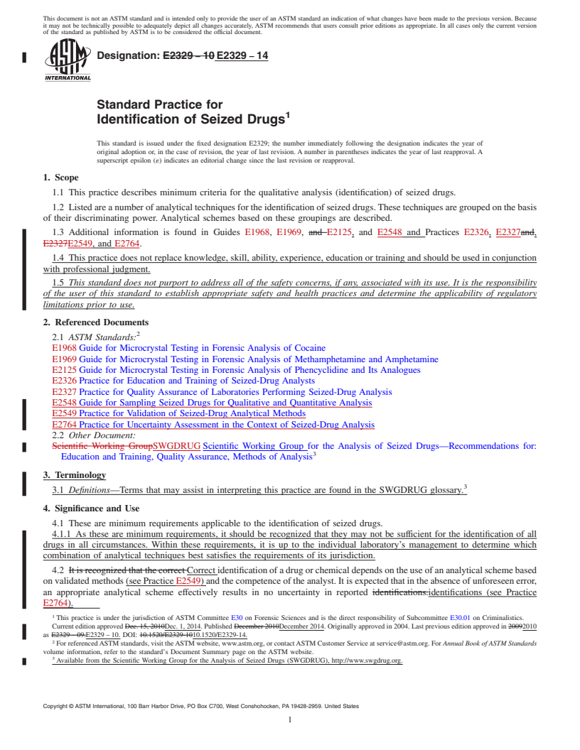 REDLINE ASTM E2329-14 - Standard Practice for  Identification of Seized Drugs