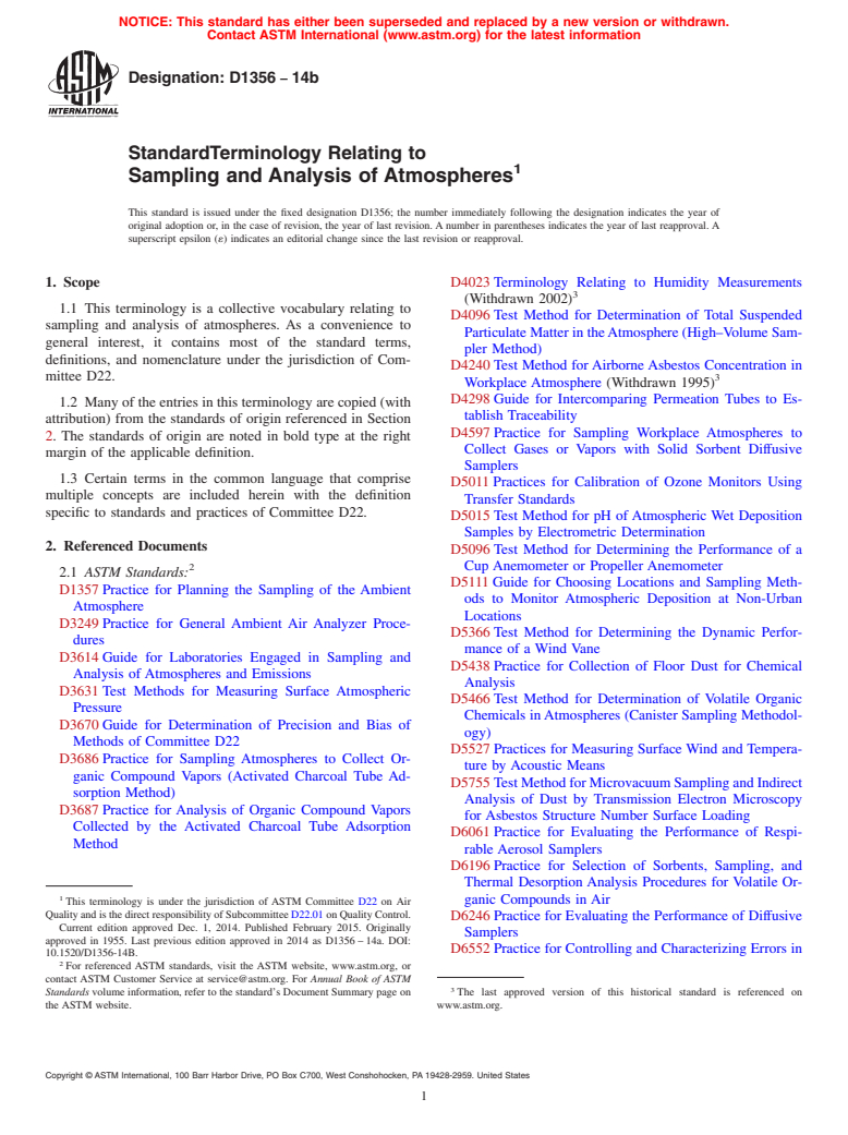 ASTM D1356-14b - Standard Terminology Relating to  Sampling and Analysis of Atmospheres