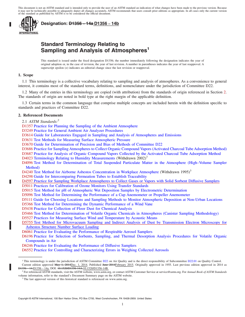 REDLINE ASTM D1356-14b - Standard Terminology Relating to  Sampling and Analysis of Atmospheres