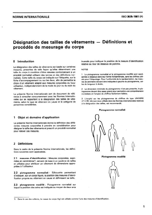 ISO 3635:1981 - Désignation des tailles de vetements -- Définitions et procédés de mesurage du corps