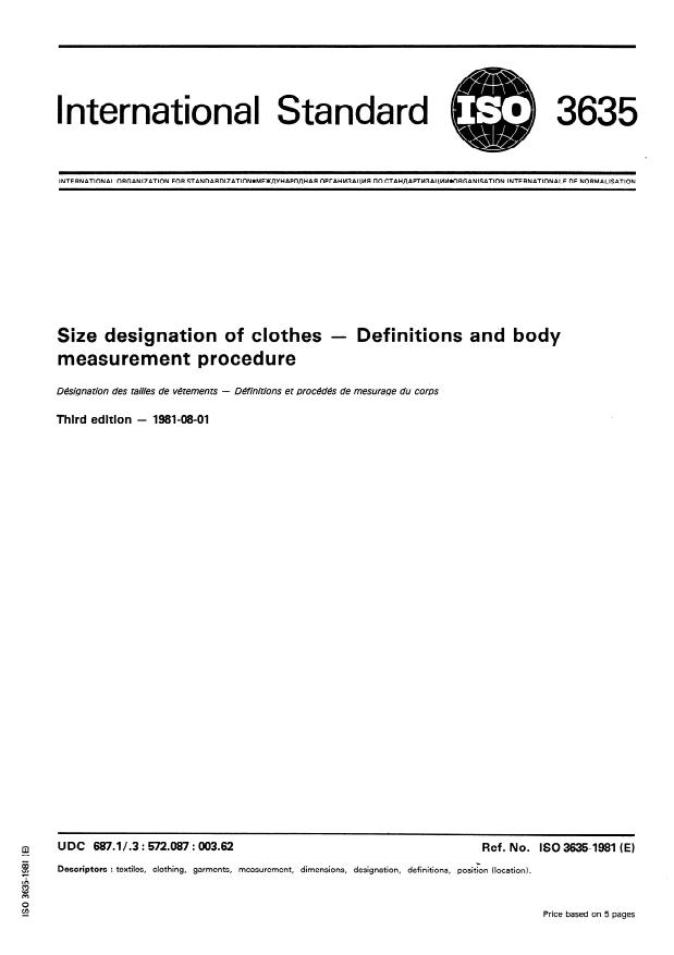 ISO 3635:1981 - Size designation of clothes -- Definitions and body measurement procedure