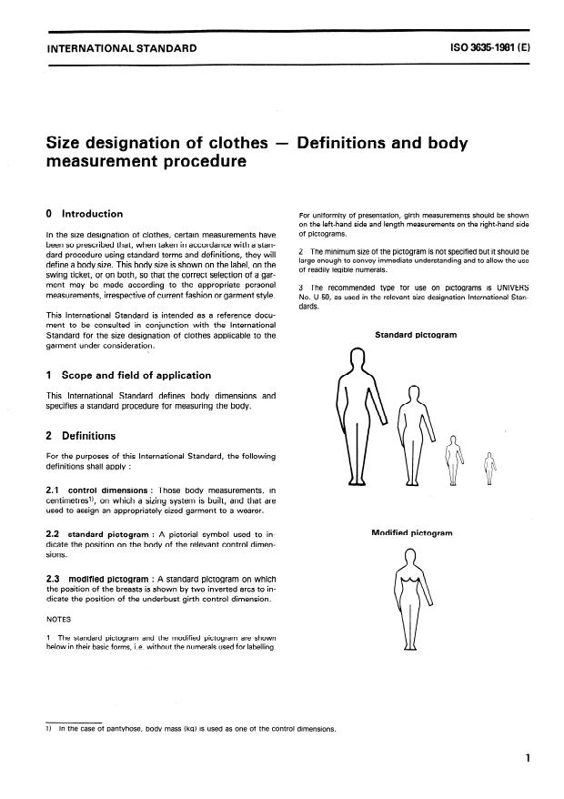 ISO 3635:1981 - Size designation of clothes -- Definitions and body measurement procedure