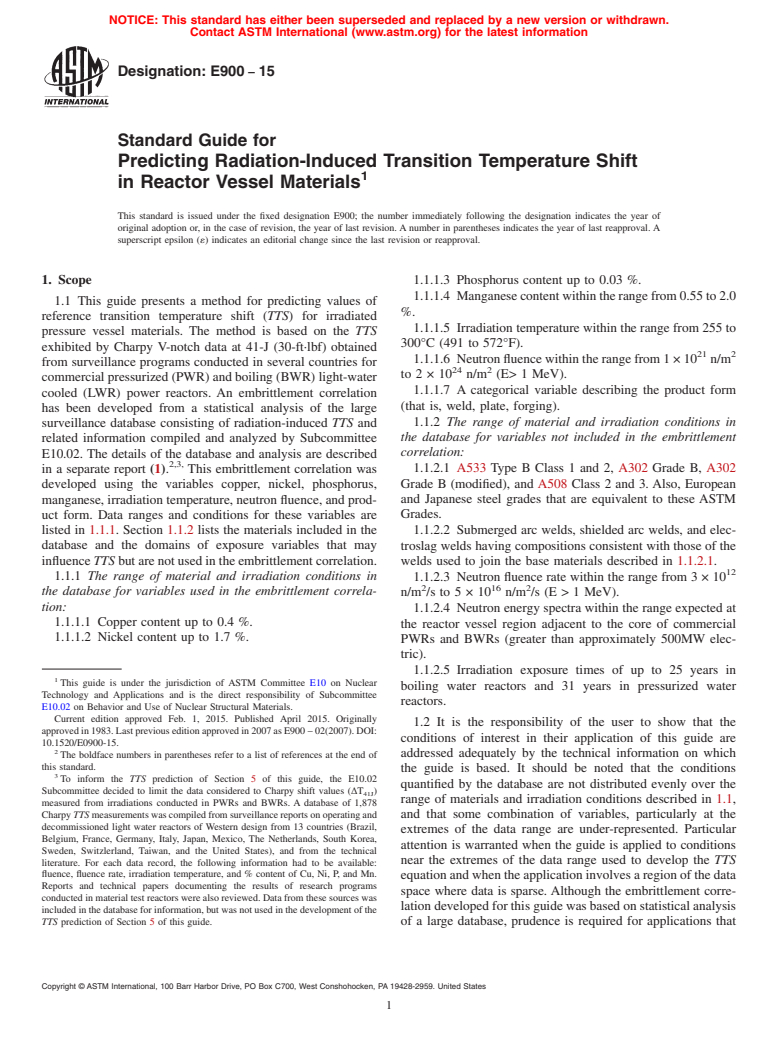 ASTM E900-15 - Standard Guide for  Predicting Radiation-Induced Transition Temperature Shift in  Reactor Vessel Materials