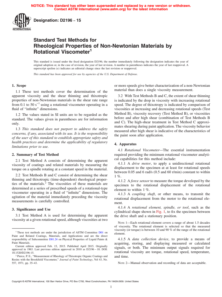 ASTM D2196-15 - Standard Test Methods for Rheological Properties of Non-Newtonian Materials by Rotational  Viscometer