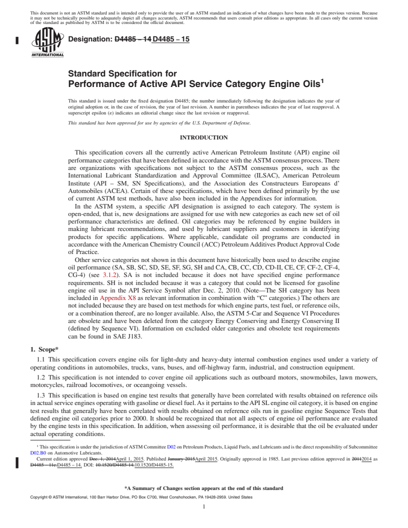 REDLINE ASTM D4485-15 - Standard Specification for  Performance of Active API Service Category Engine Oils