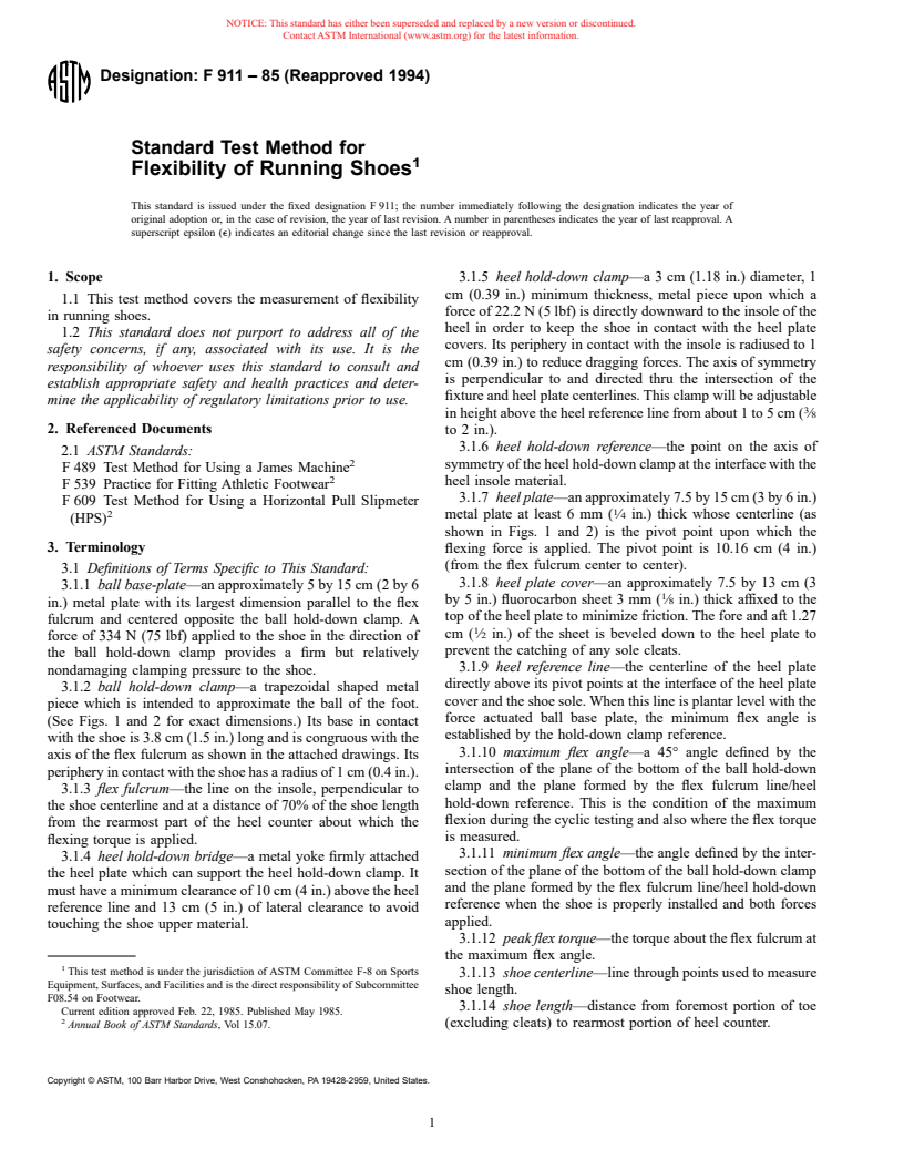 ASTM F911-85(1994) - Standard Test Method for Flexibility of Running Shoes (Withdrawn 2002)