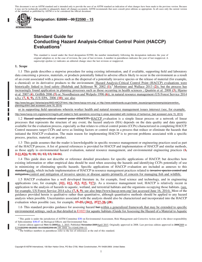 REDLINE ASTM E2590-15 - Standard Guide for  Conducting Hazard Analysis-Critical Control Point (HACCP) Evaluations