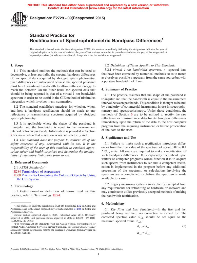 ASTM E2729-09(2015) - Standard Practice for Rectification of Spectrophotometric Bandpass Differences